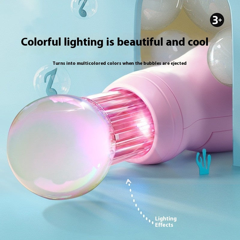 Pink bubble gun with colorful lighting effects on a light blue background