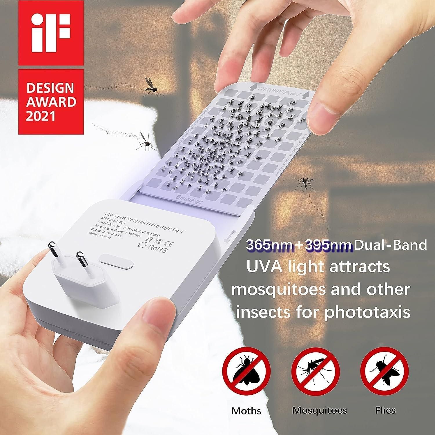 Insect trap device with UVA light feature, held by a hand, on a blurred background.