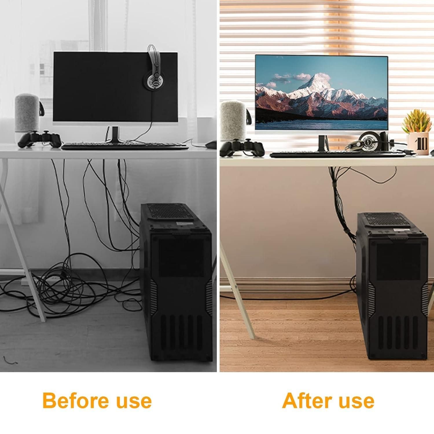 Comparison of a computer setup with and without a cable management system.