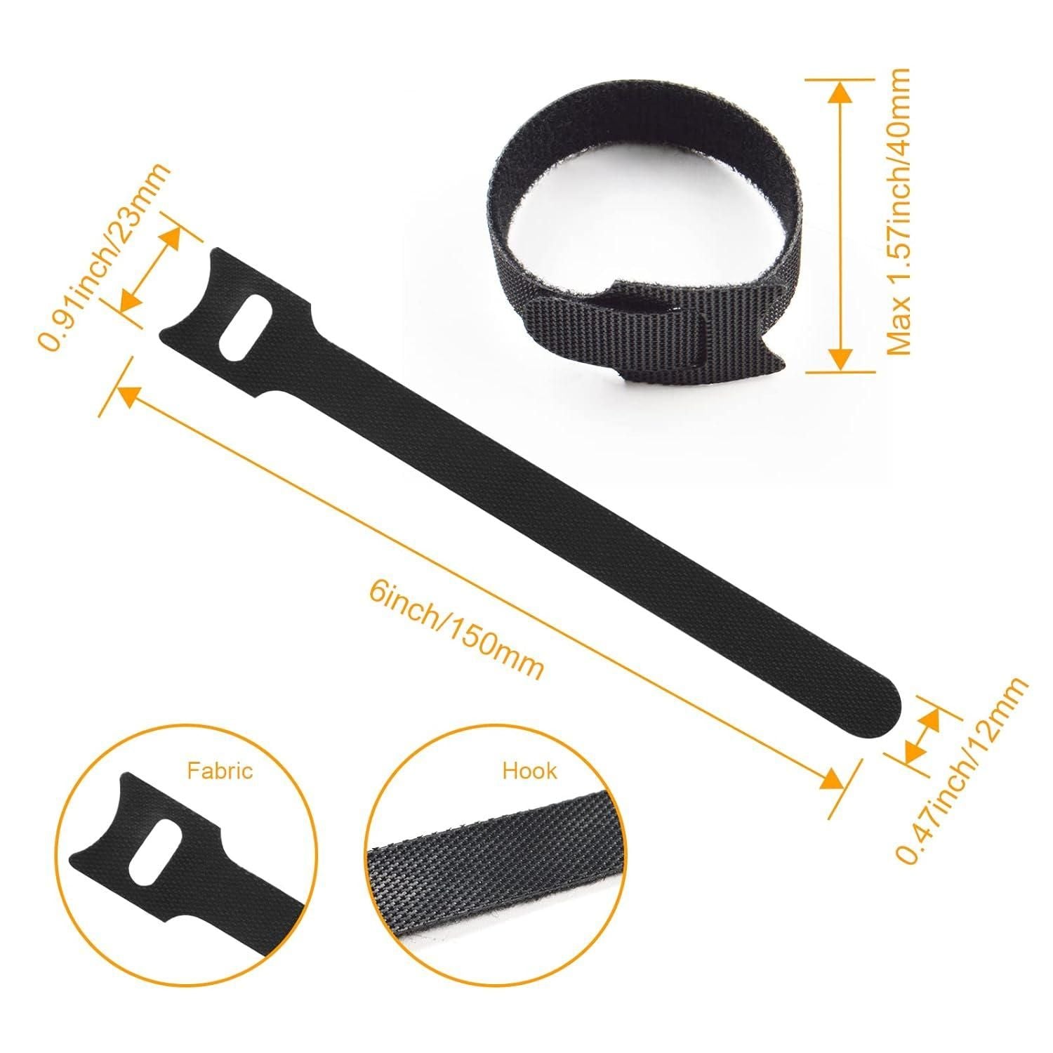 Black cable tie with measurements and details on a white background