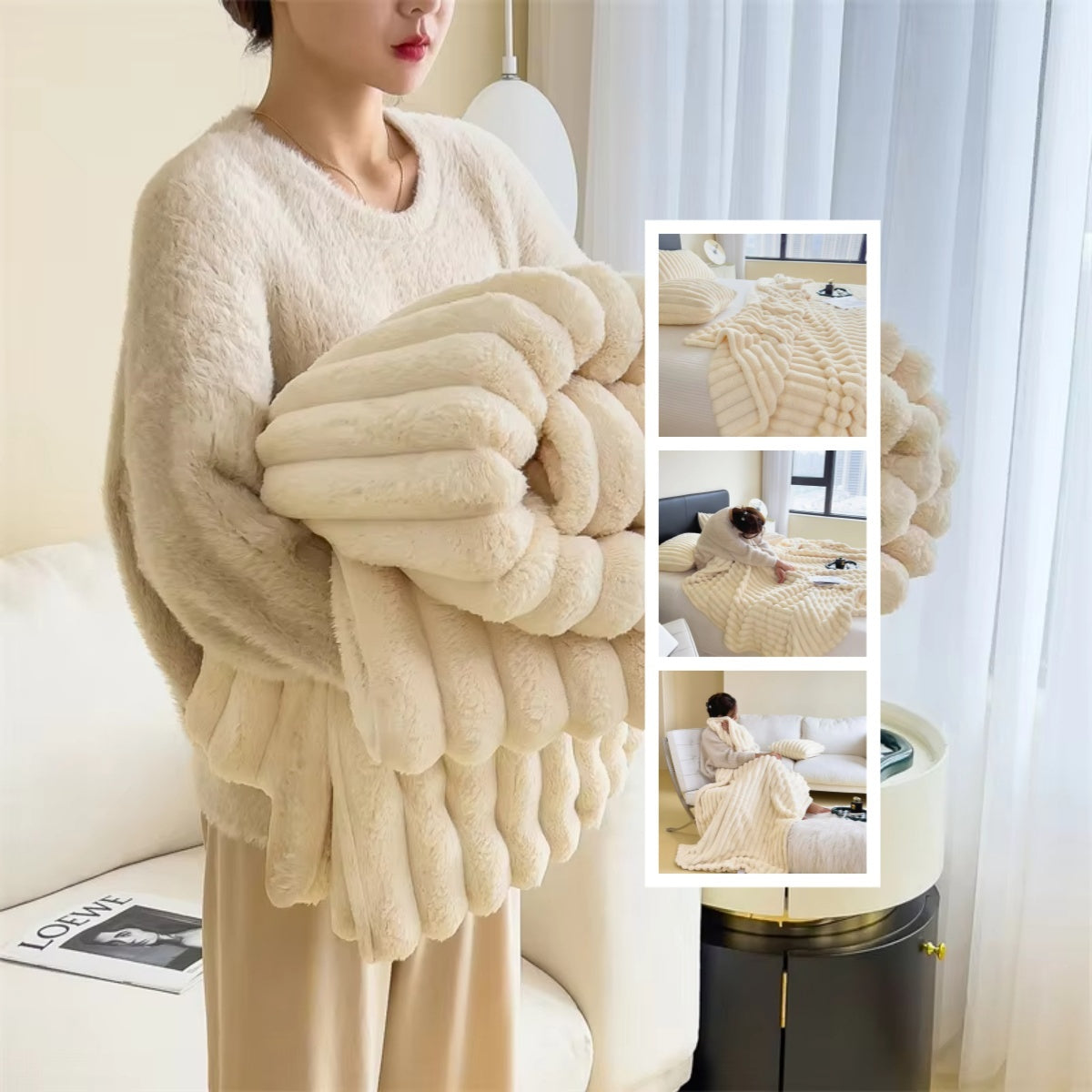Woman holding a cream-colored knit blanket with additional images of the blanket in use.