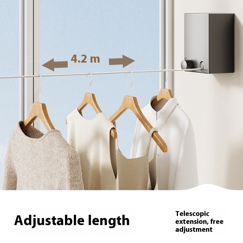 Clothing rack with adjustable length extension shown with clothes on hangers.