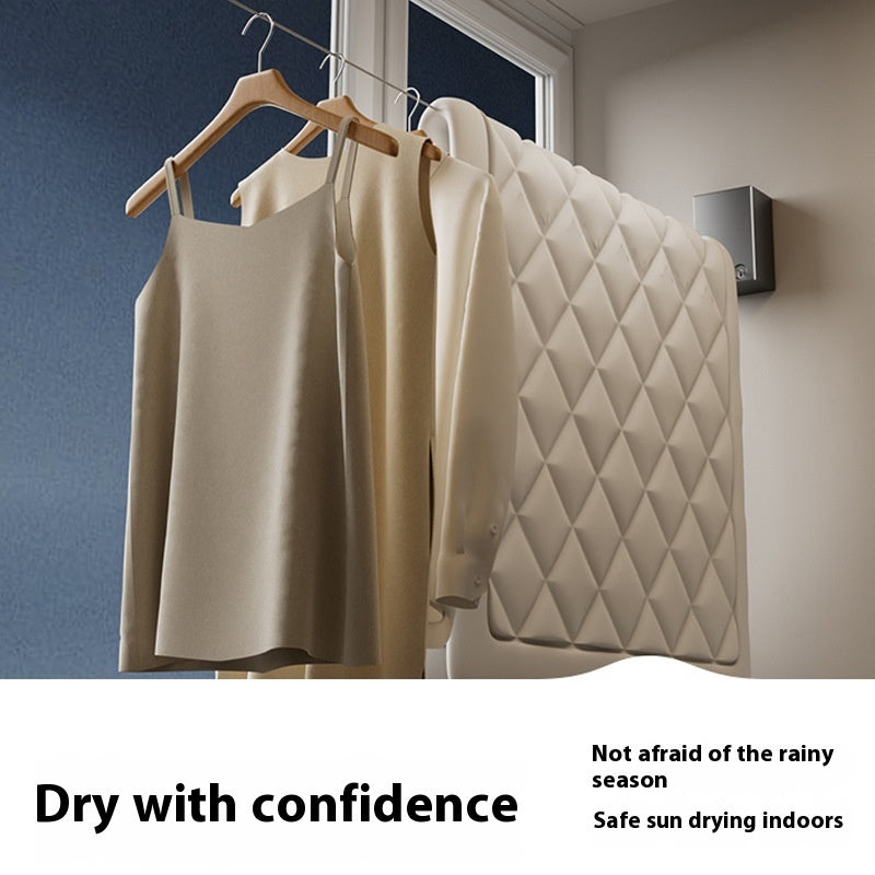 Clothing items hanging on a rack with a text overlay about safe sun drying indoors.