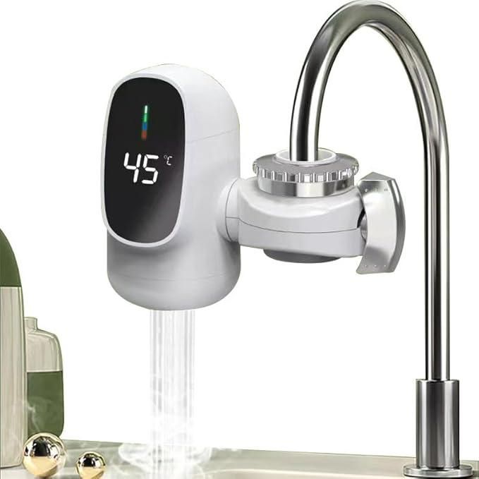 Digital water temperature display attached to a kitchen faucet with water flowing.