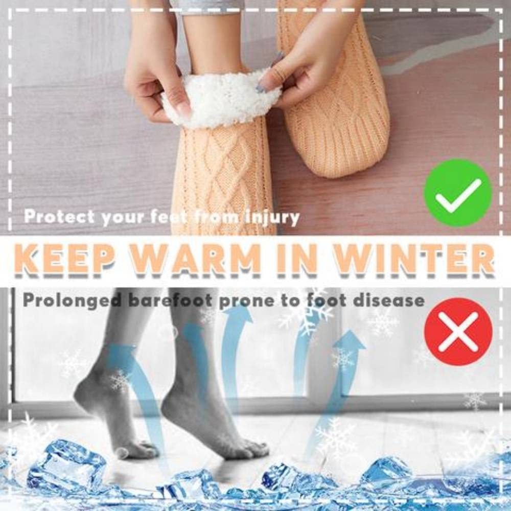 Person wearing a sock with text about foot health and winter warmth.
