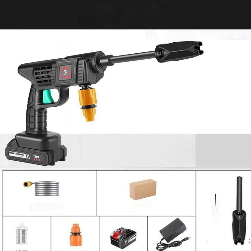 Black pressure washer with accessories on a white background