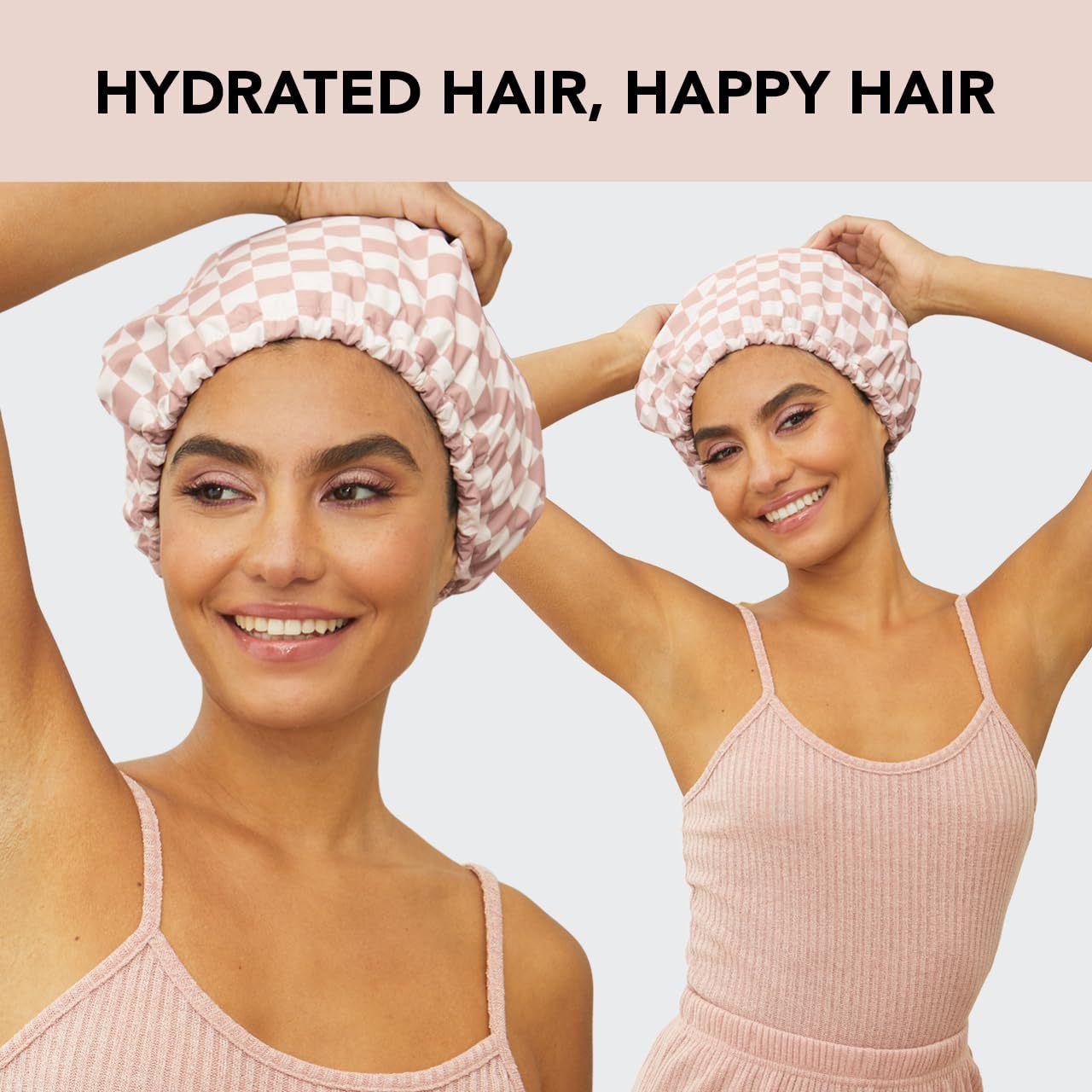 Two women wearing pink shower caps with text 'Hydrated Hair, Happy Hair' on a light background.