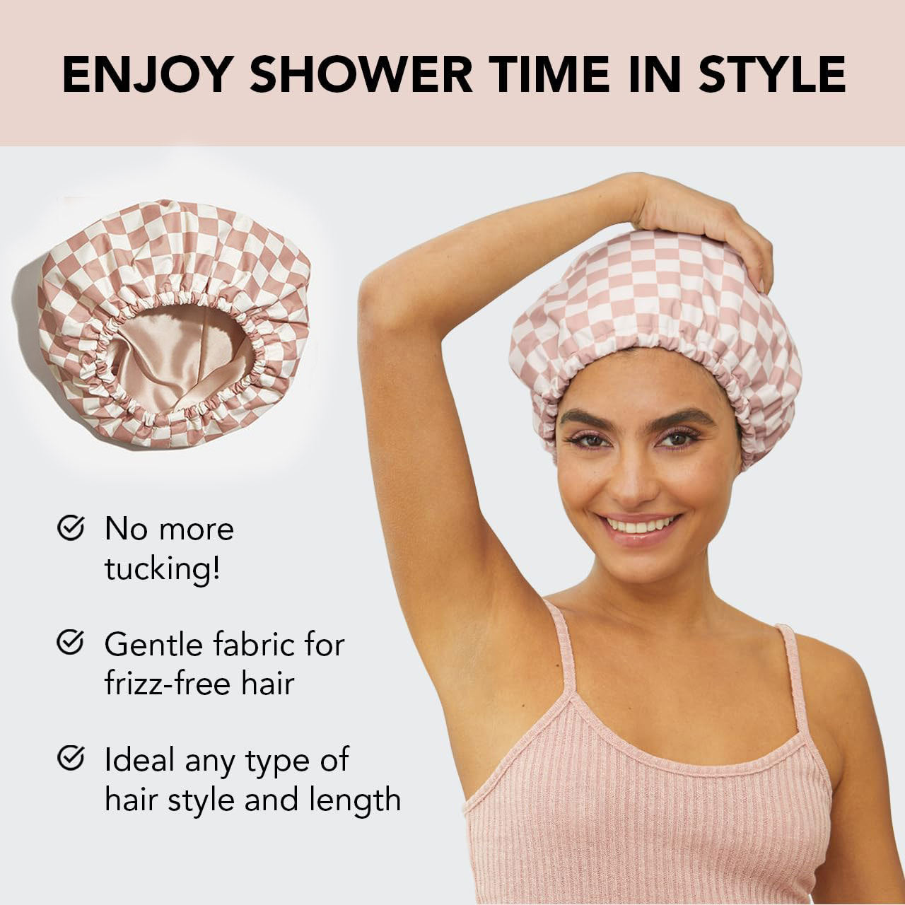 Woman wearing a pink checkered shower cap with text highlighting its benefits on a light background