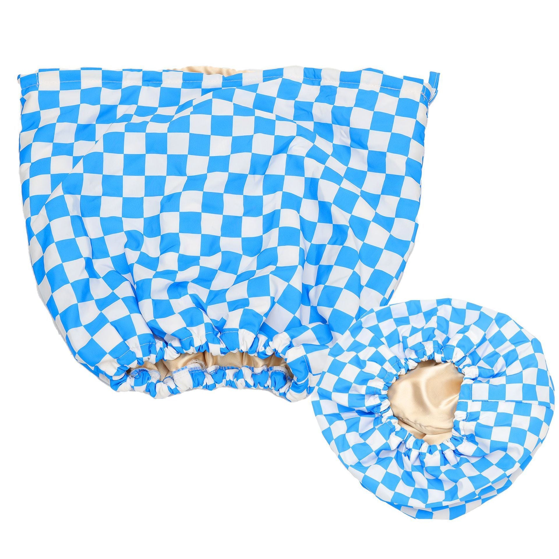 Blue and white checkered bonnet on a white background