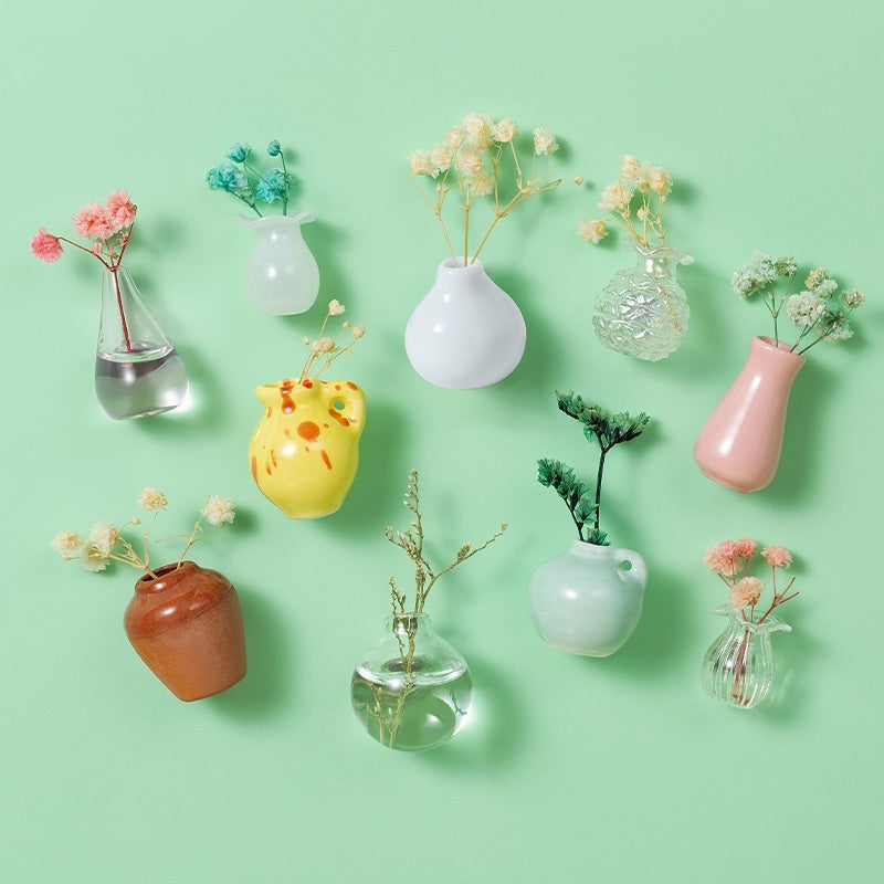 Collection of various small vases with plants on a light green background