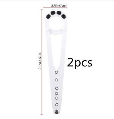 A pet cat door holder latch with a keyhole, shown in black with purple details, installed on a white door, with a cat looking at a dog through the door.