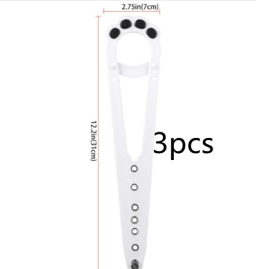 A pet cat door holder latch with a keyhole, shown in black with purple details, installed on a white door, with a cat looking at a dog through the door.