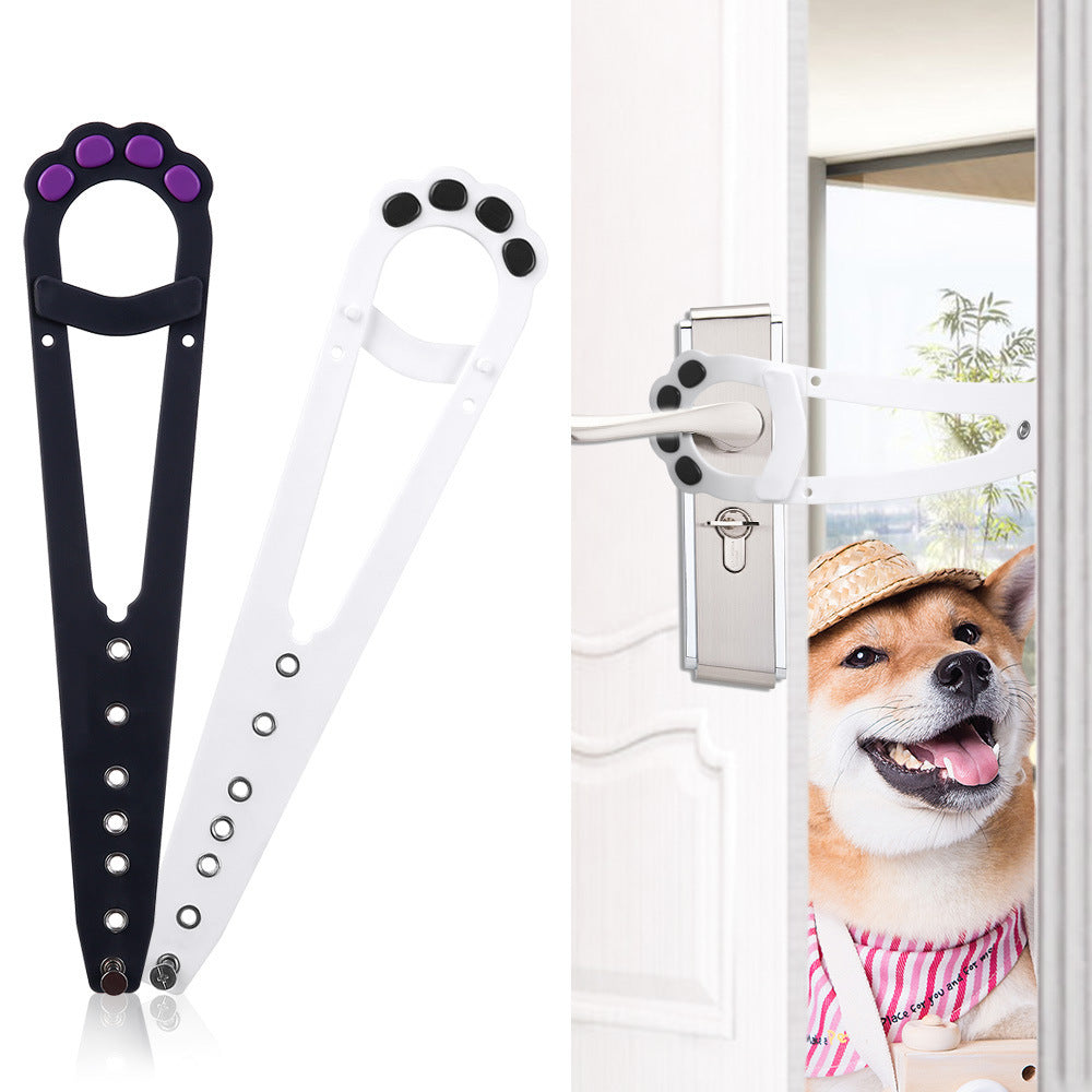 Two dog door openers, one black and one white, with a dog peeking through a pet door.