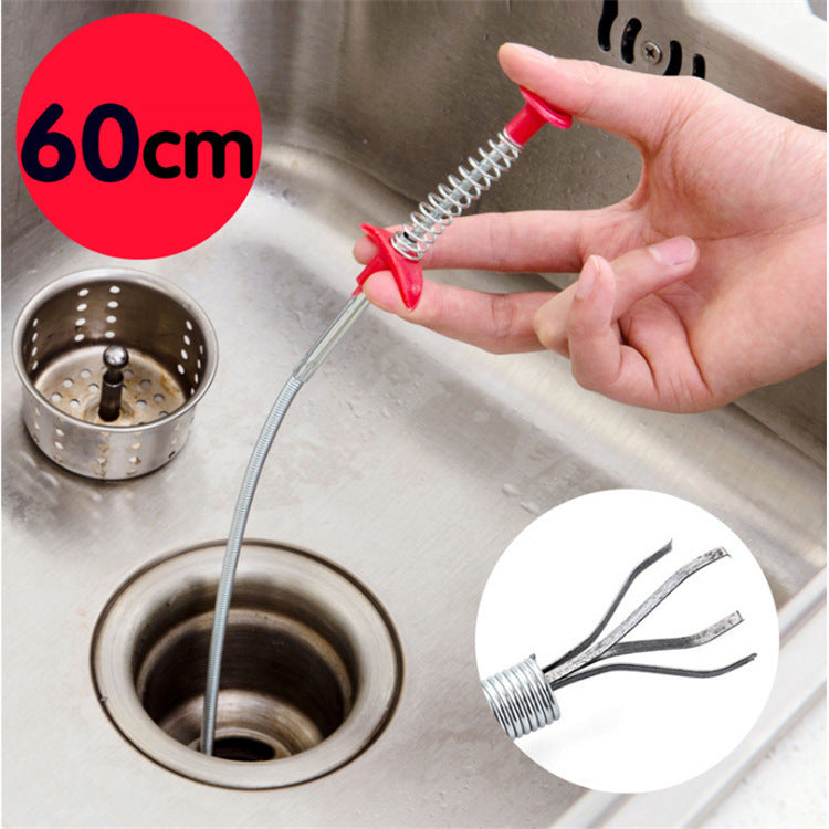 Person using a flexible drain cleaning tool in a sink with a close-up of the tool and text indicating length.