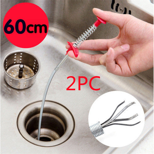 Plumbing tool being used to clear a sink drain with text indicating size and quantity.