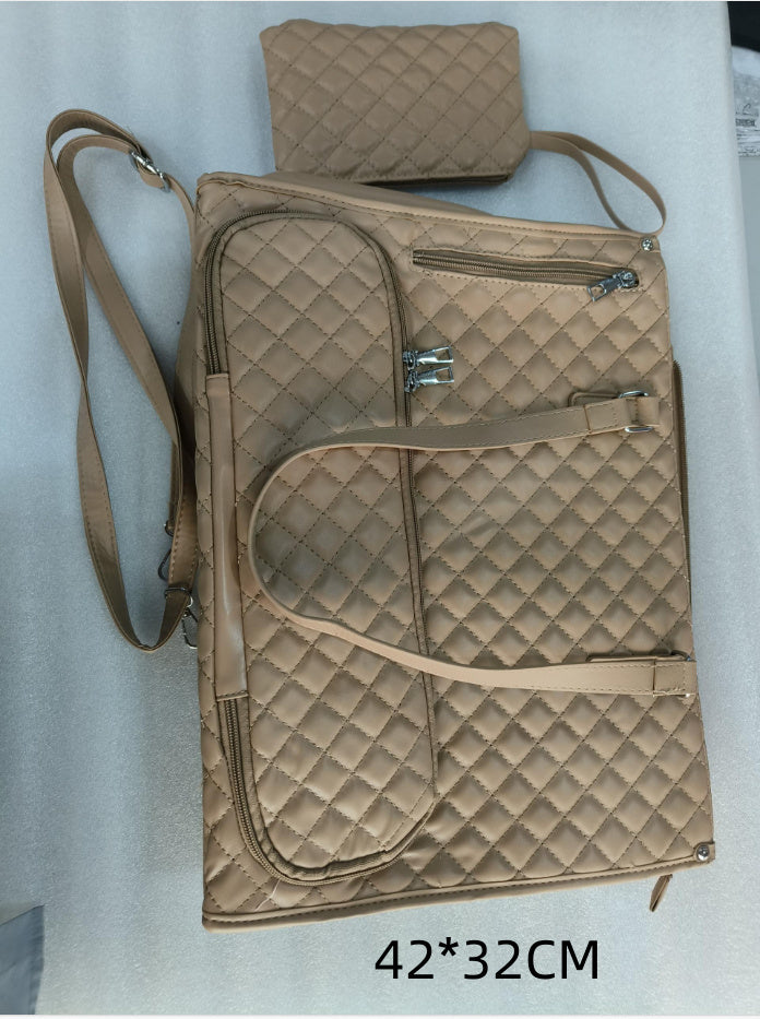 A collage of images displaying a black quilted tote bag with multiple compartments, being used for carrying lunch items, with color options shown for the bag.