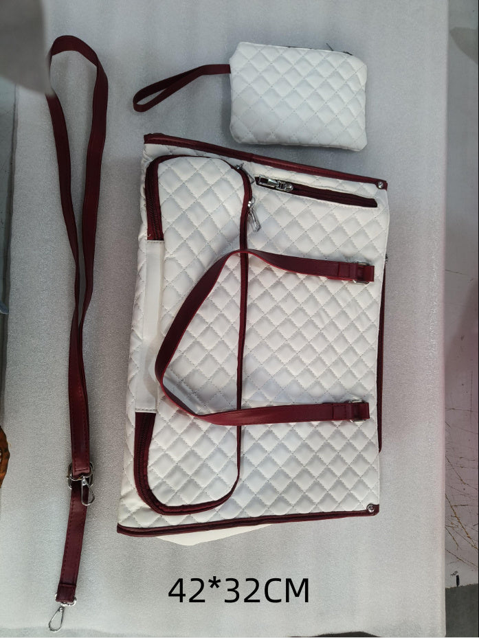 A collage of images displaying a black quilted tote bag with multiple compartments, being used for carrying lunch items, with color options shown for the bag.