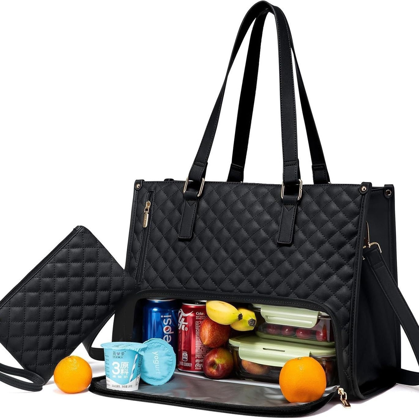 A collage of images displaying a black quilted tote bag with multiple compartments, being used for carrying lunch items, with color options shown for the bag.